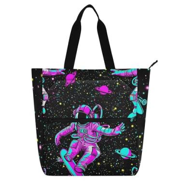 Imagem de Astronaut Space Dark Black Tote Bag for Women Work Canvas Beach Book Tote com zíper bolsas de professores presente para amantes de livros