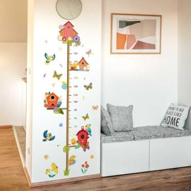 Imagem de Raoformi Decalque de parede com gráfico de altura de crescimento de bebês da floresta de conto de fadas - Adesivo de régua de medição de altura removível com pássaros e casas de pássaros, para
