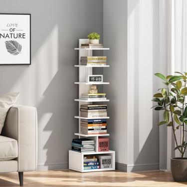 Imagem de TUTOTAK Estante estreita, estante vertical de 8 camadas, prateleira de livros lombada para espaços pequenos, prateleira pequena para sala de estar, escritório, escritório, entrada, branca BS07BW008