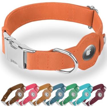 Imagem de BUDKAS Coleira de couro para cães com suporte para Airtag – Coleira macia ajustável para cães com fivela de metal – Rastreamento GPS Apple Air Tag Coleira para cães pequenos e grandes (pêssego, PP