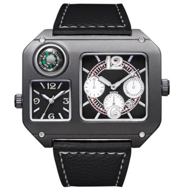 Imagem de Reginald Relógio masculino quadrado de fuso horário duplo, bússola, analógico, grande, de quartzo, com pulseira de couro PU, relógio moderno casual para uso ao ar livre, Preto