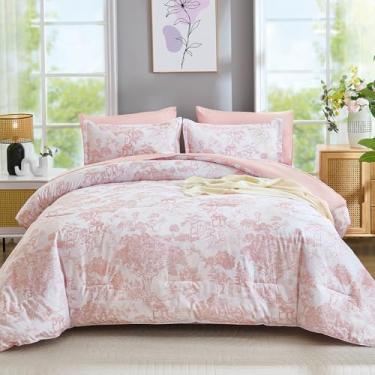 Imagem de DJY Conjunto de edredom queen size, rosa, botânico, 7 peças, cama em um saco, lençol Queen elegante, estampa de plantas de microfibra macia, reversível, conjunto completo para todas as estações