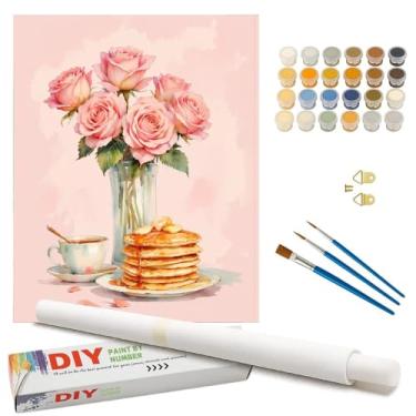 Imagem de Kit de pintura floral natureza morta por números para adultos – DIY pintura de cena de café da manhã de rosas e panquecas em tela enrolada 40,6 x 50,8 cm, conjunto de tinta acrílica para iniciantes