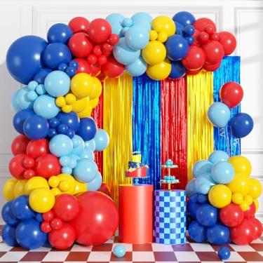 Imagem de Kit de guirlanda de arco de balão vermelho azul amarelo decorações de festa de aniversário, fundo de franja de videogame, flâmulas de estanho, faixa de fotos, adereços de cabine de fotos, tema de