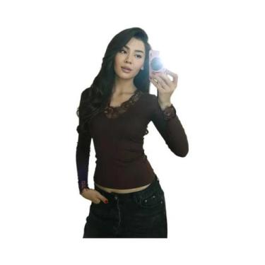 Imagem de Blusa Feminina De Cor Sólida Com Decote Em V E Detalhes Em Renda, Top 