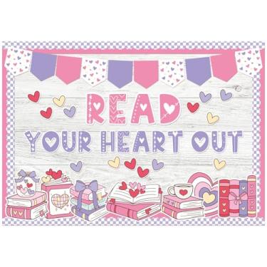 Imagem de Eaasty Quadro de avisos para o dia dos namorados, conjunto de quadro de avisos para sala de aula, com bordas, bandeiras, corações, "leia seu coração", recortes de livros de palavras para biblioteca