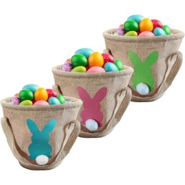 Imagem de HSgoAek Cesta De Coelho Páscoa Com 3 Peças - Bolsa Juta Duas Alças Para Presente E Caça Aos Ovos, Brinquedos Caudas Fofas, Sacolas Grandes Crianças (Verde, Azul, Rosa)