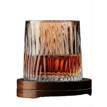 Imagem de wanhaoshangmao Copo giratório de cristal com porta-copos de nogueira, copo de uísque para coquetéis Scotch Bourbon, capacidade de 201-300 ml com caixa de presente