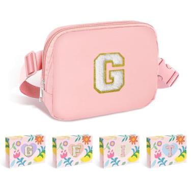 Imagem de COSHAYSOO Pochete de cintura pequena com faixa ajustável com inicial de letra remendo alça ajustável para mulheres adolescentes correndo viajando academia caminhadas, mini bolsa transversal de viagem