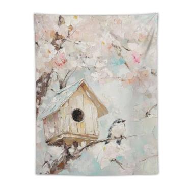 Imagem de Tapeçaria de flor de cerejeira Spring Birdhouse, pintura a óleo, decoração de parede de árvore de pássaro fofo, decoração de jardim sazonal suave para sala de estar, quarto, decoração de arte de
