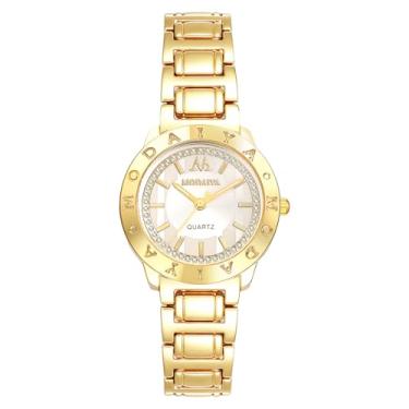 Imagem de OIDEA Relógios de ouro para mulheres: Relógio de pulso analógico de quartzo vintage com strass de diamante com pulseira de relógio feminino luminoso casual para negócios, Pulseira dourada - mostrador