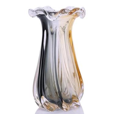Imagem de LINYTHER Vaso de vidro âmbar, decoração de casa, vasos de vidro soprado à mão, boca larga para decoração de grama e flores dos pampas, arte minimalista moderna, vaso de vidro transparente de murano