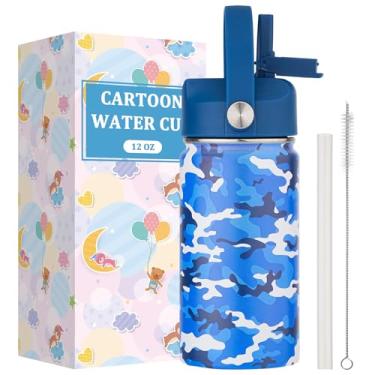 Imagem de Garrafa de água infantil com tampa de canudo - copo térmico de aço inoxidável isolado de 340 g, garrafa esportiva à prova de vazamento de boca larga mantém frio 12H e quente 6H para academia