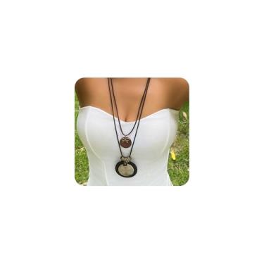 Imagem de ZZ ZINFANDEL Colares longos boho ocidentais em camadas para mulheres, vintage, empilhável, com pingente de disco de madeira, gargantilha de couro ajustável, acessórios de música country, Large, Metal