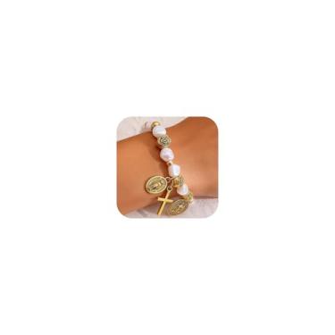 Imagem de Embtrem Pulseira de rosário para mulheres, Virgem Maria, banhado a ouro, fé religiosa, cristã, pérola, miçangas, joias, presentes de oração católica para ela, Large, Sem Pedra Preciosa