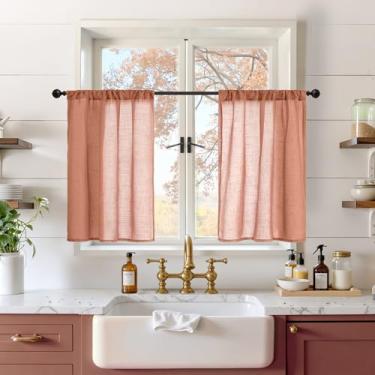 Imagem de BGment Cortinas curtas de linho terracota 76 cm de comprimento para janela de cozinha, cortinas semitransparentes para café sobre a pia, meia decoração, bolso para varão texturizado rústico, leve, 2