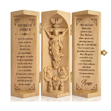 Imagem de Doskona Estátua de Jesus de madeira aberta no canto da fé - presentes católicos para homens e mulheres, escultura de cilindro dobrável de oração de serenidade para decoração de altar, presente