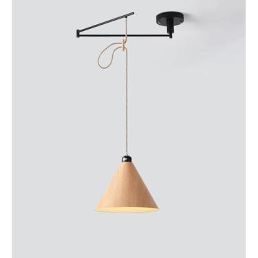 Imagem de Lustre E27 com Lâmpada Pendente Moderna e Minimalista para Sala de Jantar, Sala de Estar, Bar, Ilha de Cozinha, Altura Ajustável e Lâmpada LED de Luz Quente (Cor Madeira)
