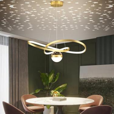 Imagem de Luminária pendente LED moderna com controle remoto - Lustre convergente dimerizável de 40W com céu estrelado para sala de estar, sala de jantar e cozinha (dourado)
