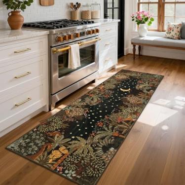 Imagem de GarveeHome Tapete de corredor lavável na selva de 5 x 15 cm para cozinha, tapete de corredor macio com estampa de animal antiderrapante, marrom, tapete de entrada para casa de fazenda, tapete