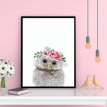 Imagem de Quadro Decorativo Corujinha Coroa De Flores Moldura Preta