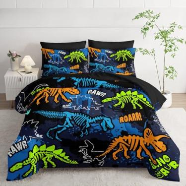 Imagem de Smell Sunshine Jogo de cama com estampa de dinossauro com 1 edredom, 1 lençol de cima, 1 lençol com elástico e 4 fronhas para quarto de meninos e meninas (King dinossauro