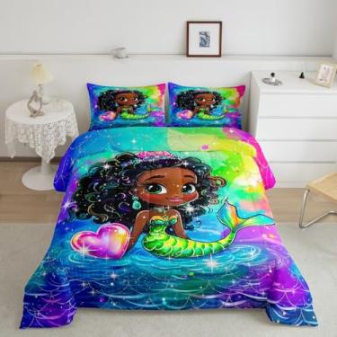 Imagem de jejeloiu Conjunto de cama para meninas, sereia, princesa, tamanho queen, oceano, vida marinha e sereia, sáculos, conjunto de cama com 1 edredom e 2 fronhas