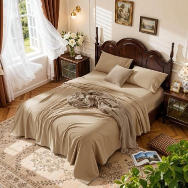 Imagem de LBRO2M Jogo de lençol 100% algodão com bolso profundo de 48 cm, 1000 fios, tamanho casal, 4 peças, roupa de cama macia e confortável para todas as estações (casal, creme)