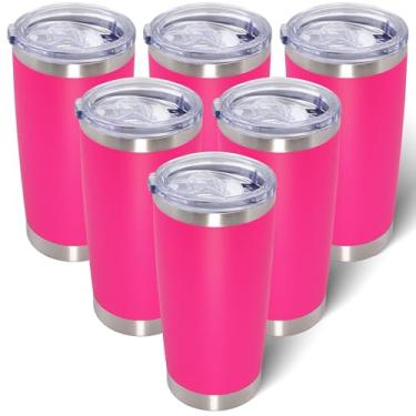 Imagem de AIANJI Copo de 590 ml de aço inoxidável a granel com tampa isolado a vácuo parede dupla caneca de café de viagem copo revestido em pó para bebidas quentes e frias (rosa choque, pacote com 6)