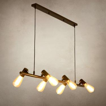 Imagem de Lustre industrial rústico linear, luminária pendente para interiores, ideal para sala de jantar, com acabamento em metal preto, perfeito para ilha de cozinha, bar em estilo fazenda ou hotel.