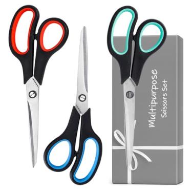 Imagem de Tesouras de 20 cm multiuso pacote com 3 tesouras confortáveis para acessórios de mesa de escritório, tecido de costura, artesanato doméstico, material escolar, direita/esquerda (preto, vermelho, preto