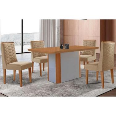 Imagem de Conjunto: Mesa de Cozinha Pietá Tampo Curvo 120cm+4 Cadeiras Dafne Madeira Naturale/Off White - Capuccino/Linho Bege - Rufato