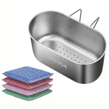 Imagem de Cesta de drenagem de pia de aço inoxidável 304 com gancho de suporte para lavar e drenar frutas, legumes e utensílios de cozinha, escorredor à prova de ferrugem + 4 esponjas de limpeza antiarranhões