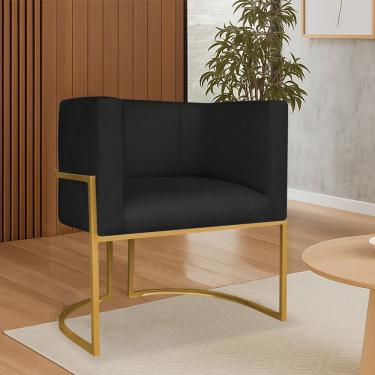 Imagem de Poltrona Dália Luxo Moderna Estofada Design Sofisticado Com Base De Ferro Dourado Suede Preto