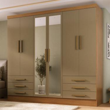 Imagem de Guarda-Roupa Solteiro Lancaster 6 Portas 6 Gavetas 100% Mdf com Espelho Cinamomo/Cappuccino - Panorama Móveis