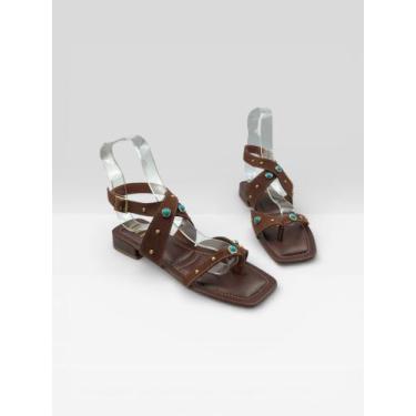 Imagem de Sandália Rasteira Feminina Com Tiras E Tachas Camurca Terra/Aurora - L