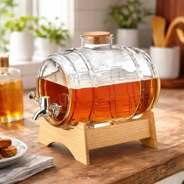 Imagem de Barril de Vidro para Cachaça 3 Litros com Torneira Suporte Madeira Hau