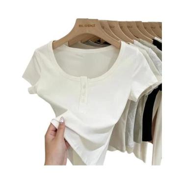 Imagem de Camiseta Feminina Slim Fit De Algodão Com Botões, Manga Curta, Top De 