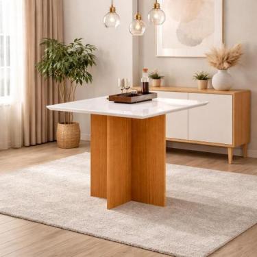 Imagem de Mesa jantar helo quadrado 90cm freijo/off white- tampo vidro - Poliman