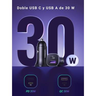 Imagem de Carregador de carro isqueiro UGREEN 30W USB-C + USB-A rápido Turbo PD3