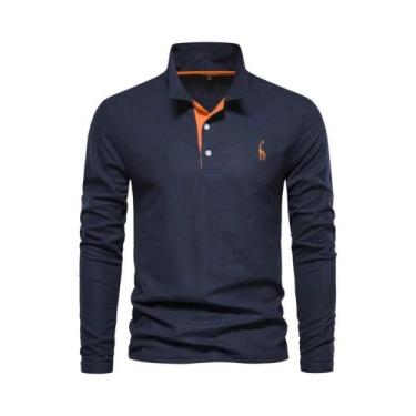 Imagem de Camisas Polo Masculinas Com Bordado De Cervos, Manga Comprida, Cor Sól