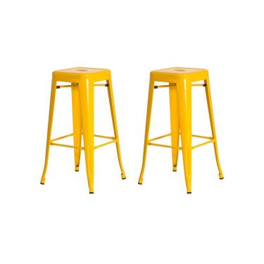 Imagem de Kit 2 Banquetas Tolix Iron Design Industrial Amarela 76 cm Aço Cozinha Bar Bistrô Bancada