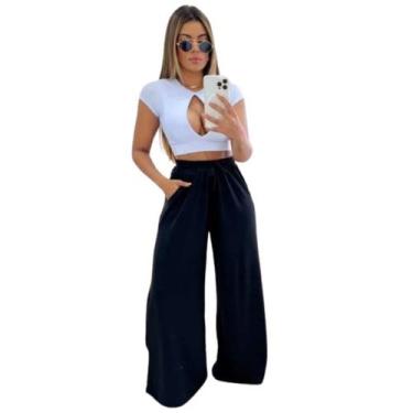 Imagem de Calça pantalona feminia lanzinha com bolso e elástico na cintura, wid 