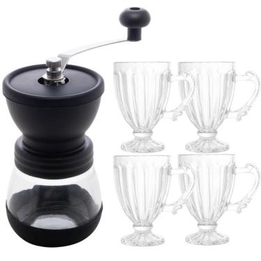 Imagem de Conjunto Moedor Manual de Café e 4 Xícaras de Café Curto Expresso 100ml Cristal Lyor