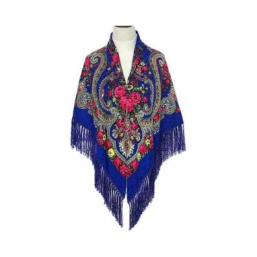Imagem de Lenço Feminino Retrô De Algodão Estampado Com Franjas 51x51in, Xale, H