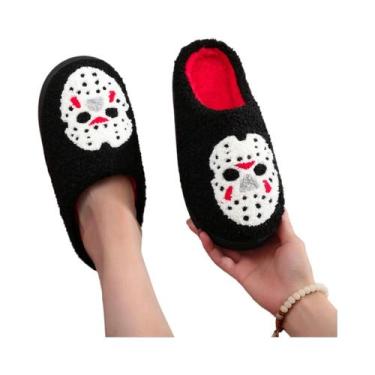 Imagem de Pantufas De Pelúcia Com Padrão De Caveira Preta Bordada, Antiderrapant