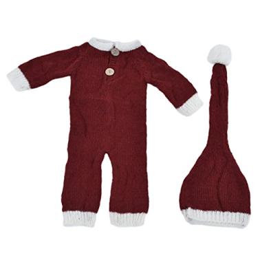 Imagem de Roupas de sessão de fotos para recém-nascidos Conjunto de adereços de fotografia de natal macacão macio de mohair lindo chapéu vermelho (chapéu + peça única)