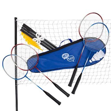 Imagem de Hey! Play! Conjunto completo de badminton para quintal com 4 raquetes, rede com bastões, 3 petecas e estojo de transporte para crianças e adultos, multijogador