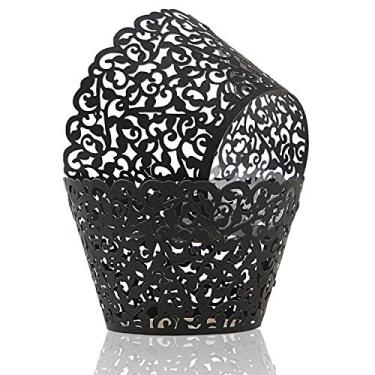Imagem de KPOSIYA Pacote com 120 embalagens de cupcake para bolos artísticos, copos de papel, vinha, desenhado a laser, cupcakes, formas para assar, xícaras, bandejas para casamentos, chás de bebê, festas, aniversários, Preto, 120