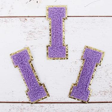 Imagem de Pacote com 3 adesivos de chenille ferro sobre purpurina, letras "I" - Tecido de chenille lavanda com acabamento dourado - Costurar ou passar - 5,5 cm de altura